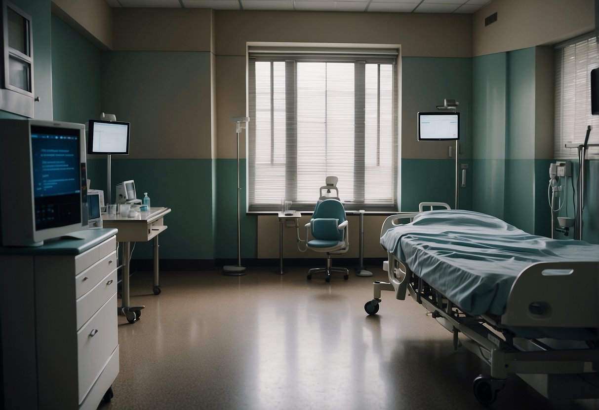 A hospital room with medical equipment, a bed, and a concerned figure waiting outside