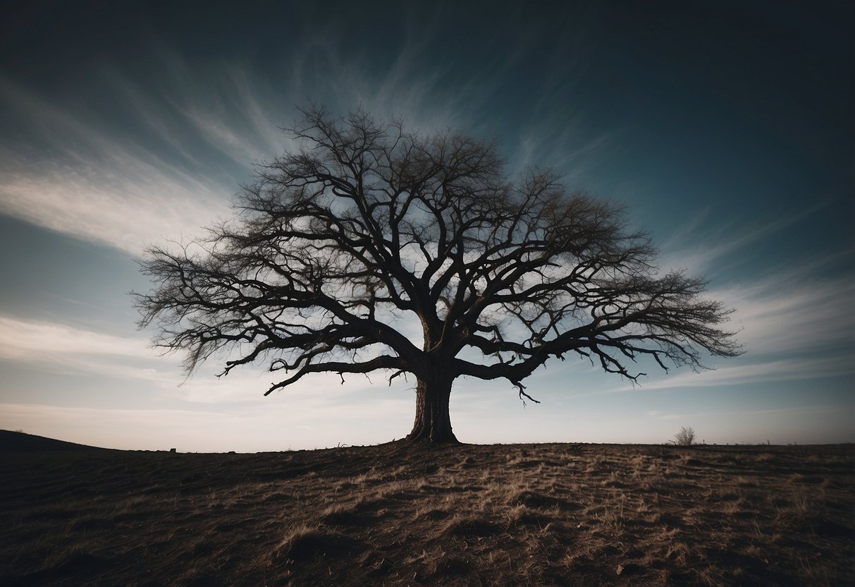 A barren tree stands alone in a desolate field, its twisted branches reaching out like gnarled fingers. The sky is dark and foreboding, casting a sense of eerie isolation over the landscape