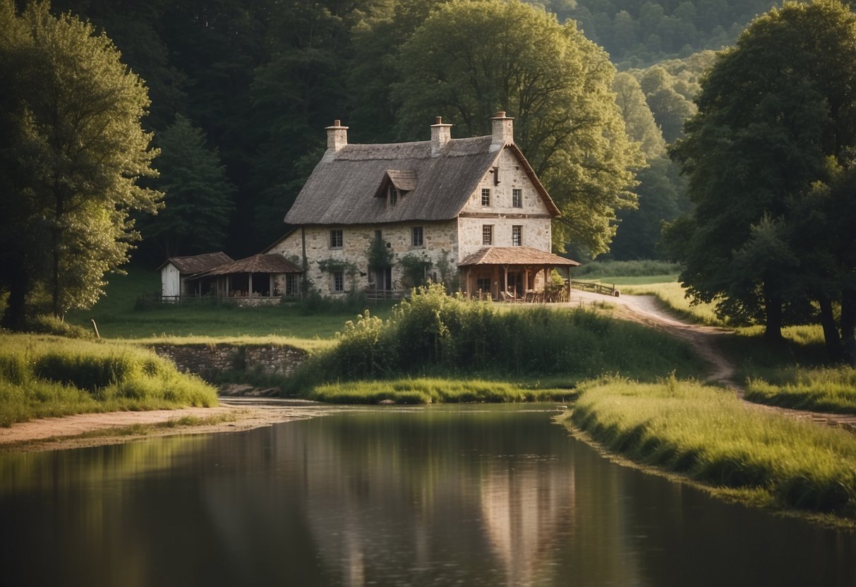 A rustic farmhouse nestled in a rolling countryside, with a winding river and lush greenery