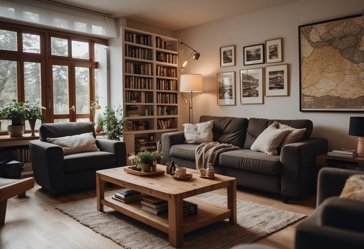 A cozy living room with family photos on the walls, a bookshelf filled with German literature, and a map of Germany hanging on the wall