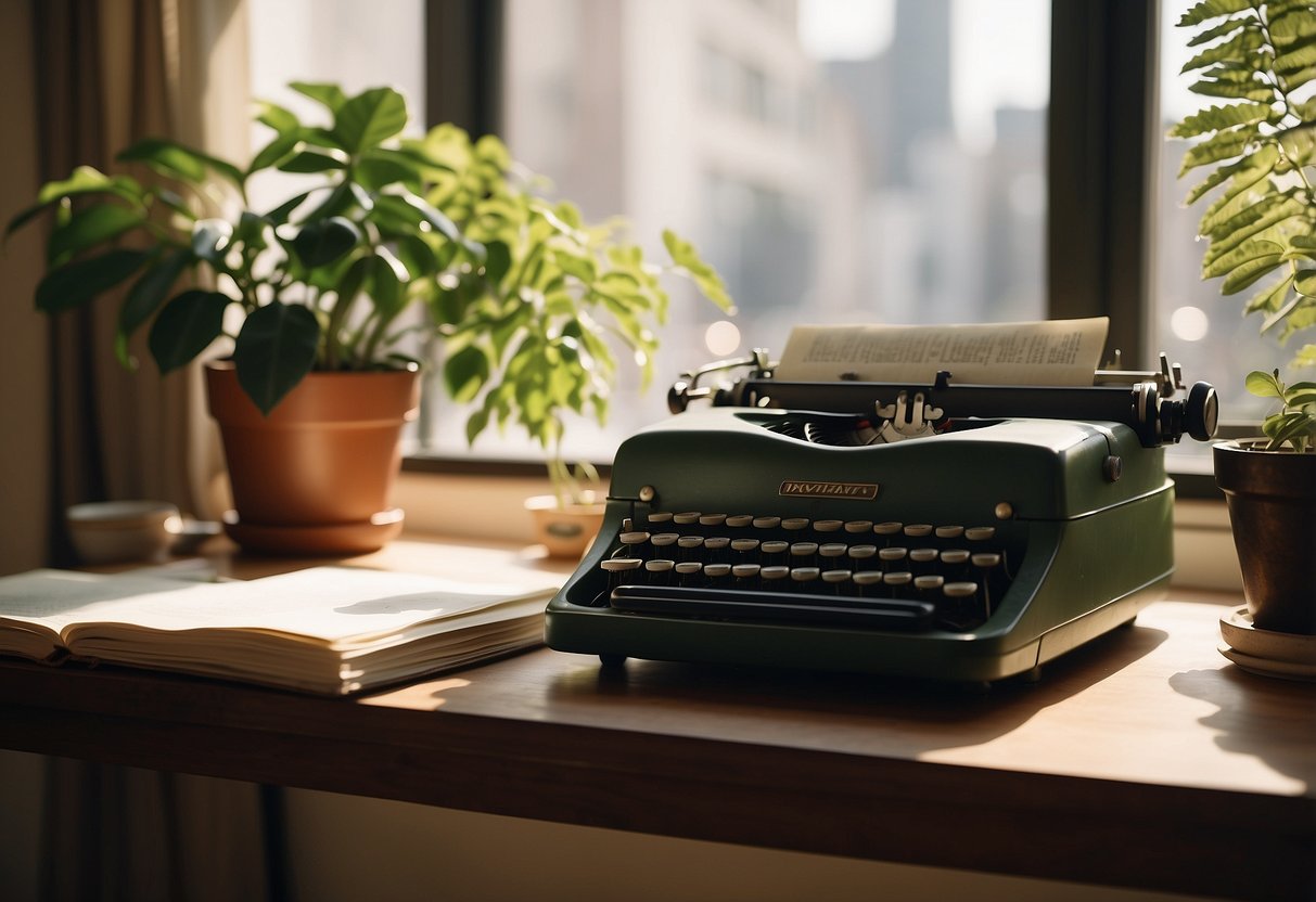 A cluttered desk with a stack of papers, a vintage typewriter, and a potted plant in a sunlit room