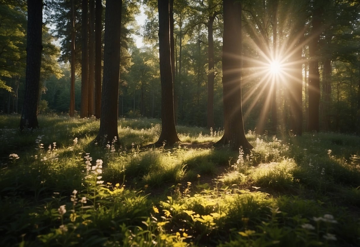 A serene forest clearing with sunlight filtering through the trees, casting dappled shadows on the ground. Wildflowers and small animals dot the peaceful scene