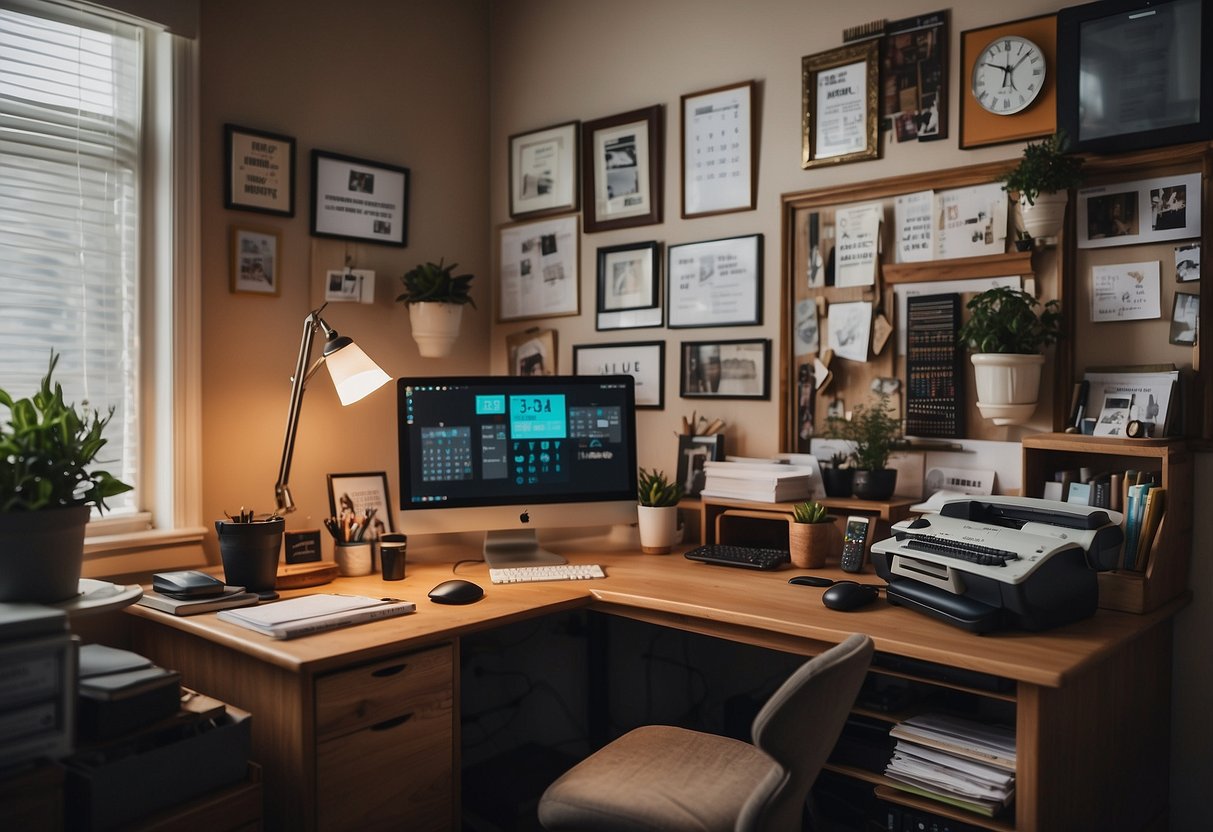 A cozy home office with a desk cluttered with art supplies, a computer, and personal mementos. A calendar on the wall shows a busy schedule