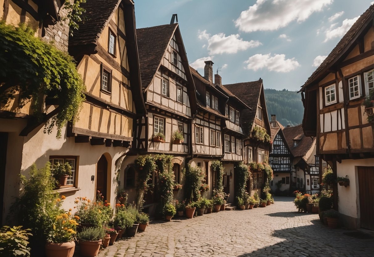 A rustic, German countryside with rolling hills, a quaint village, and traditional half-timbered houses