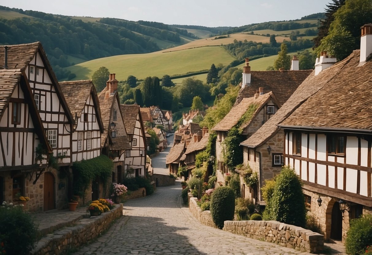 A quaint village nestled in the rolling hills, with half-timbered houses and a winding cobblestone street