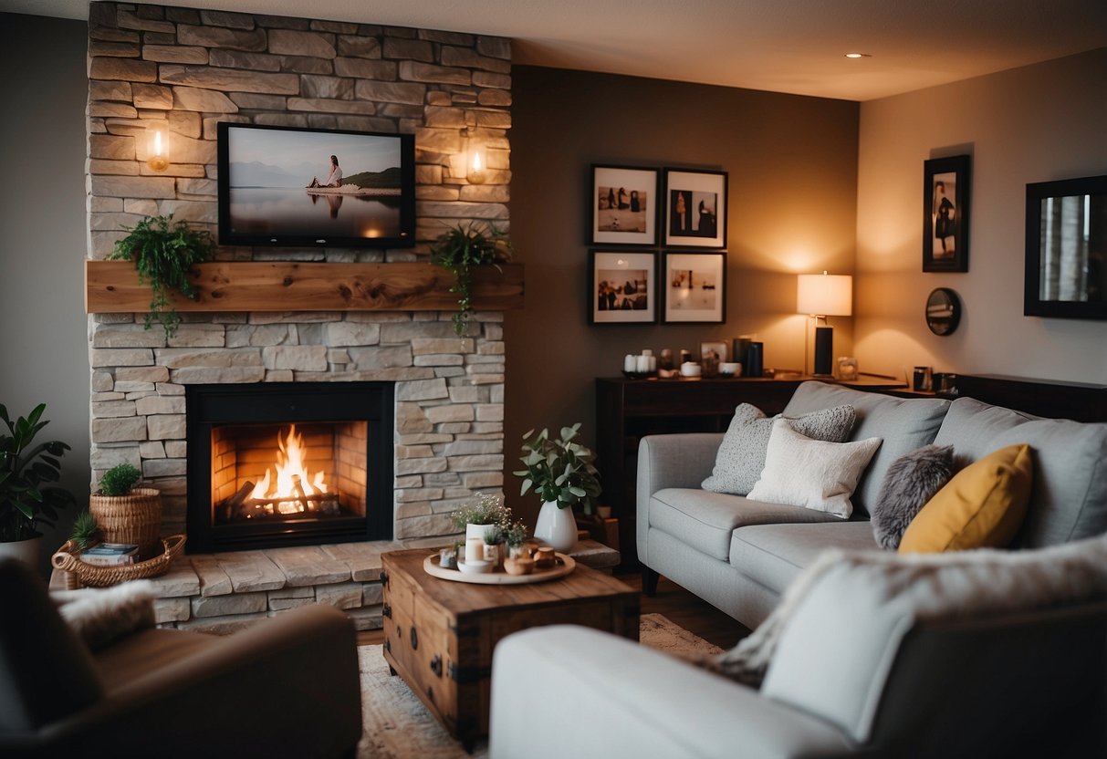 A cozy living room with family photos on the walls, a warm fireplace, and a couple's wedding portrait on the mantel