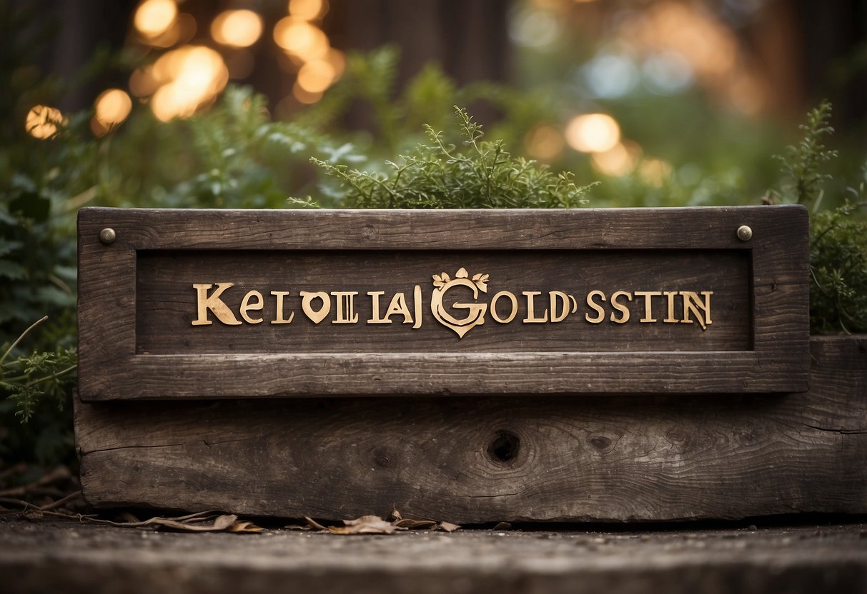 A rustic wooden sign with "Kolja Goldstein" engraved, surrounded by symbols of heritage and family origins