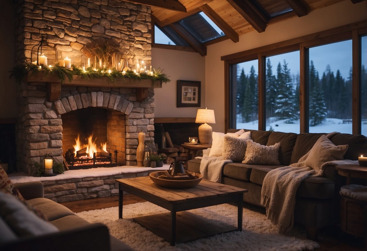 A cozy living room with a crackling fireplace, a plush sofa, and warm lighting. Outside, snow falls gently, covering the landscape in a soft blanket