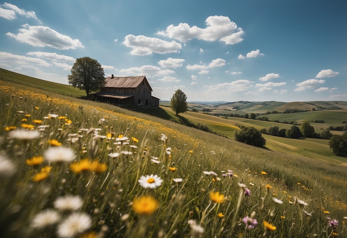 A serene countryside with a rustic farmhouse surrounded by rolling hills and blooming wildflowers. A clear blue sky and a gentle breeze complete the idyllic setting