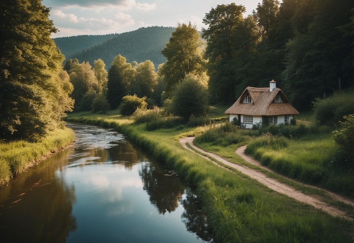 A serene countryside with a winding river, lush greenery, and a small cottage nestled among the trees