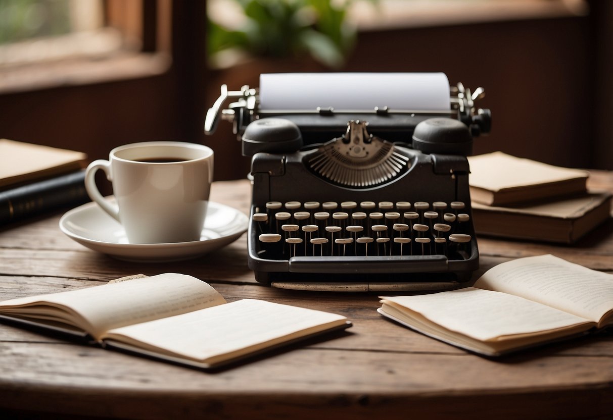 A rustic wooden table with a vintage typewriter, a stack of papers, and a pair of reading glasses. A cup of coffee sits nearby, surrounded by scattered pens and a well-worn notebook