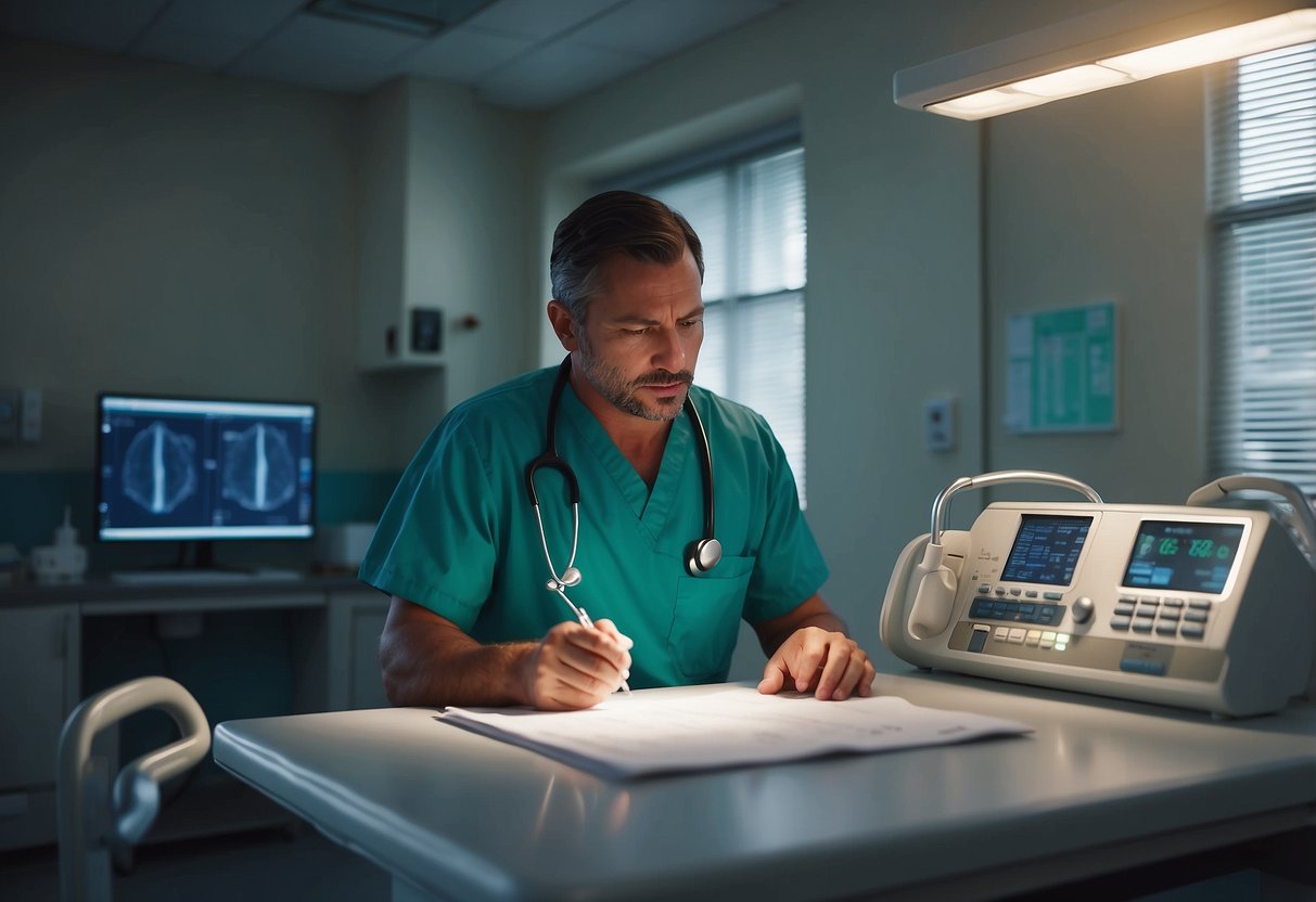 A hospital room with medical equipment, a bed, and a concerned doctor reviewing charts