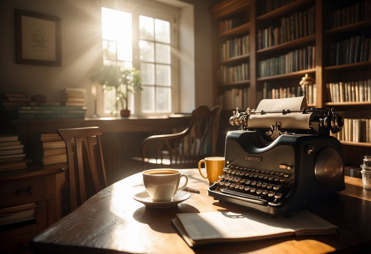 A cozy study with a desk cluttered with books, a vintage typewriter, and a cup of coffee. Sunlight streams in through a large window, casting warm shadows on the floor