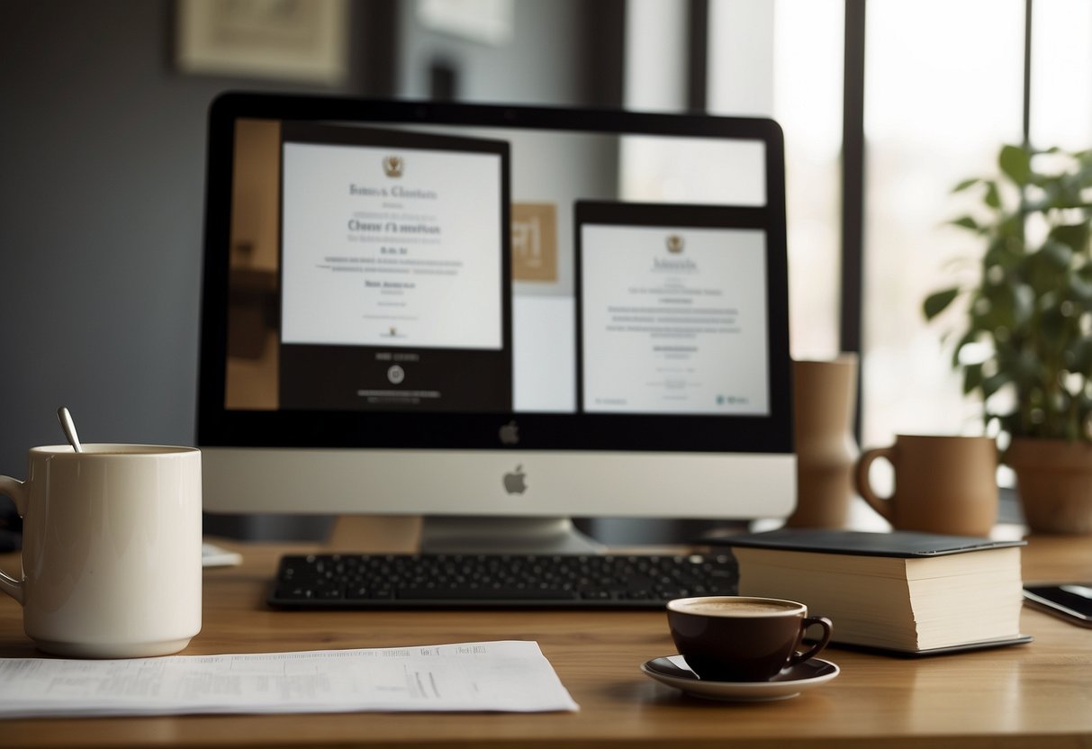 A desk cluttered with papers, a computer, and a mug of coffee. A diploma hangs on the wall. The room is filled with natural light, creating a warm and inviting atmosphere