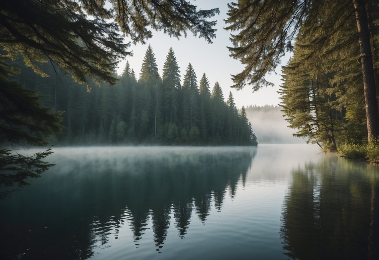 A serene lake surrounded by tall trees, with mist rising from the water