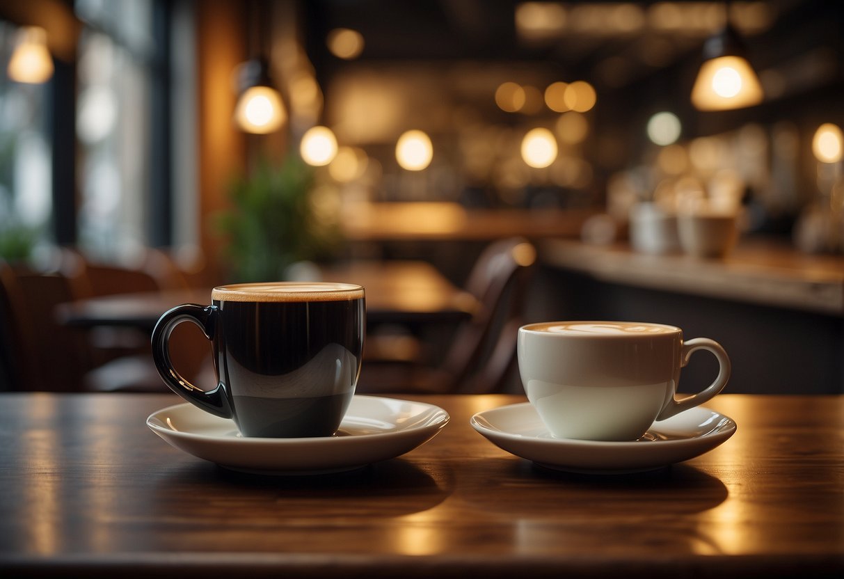 A cozy café with two open biographies on a wooden table. A warm, inviting atmosphere with soft lighting and steaming cups of coffee