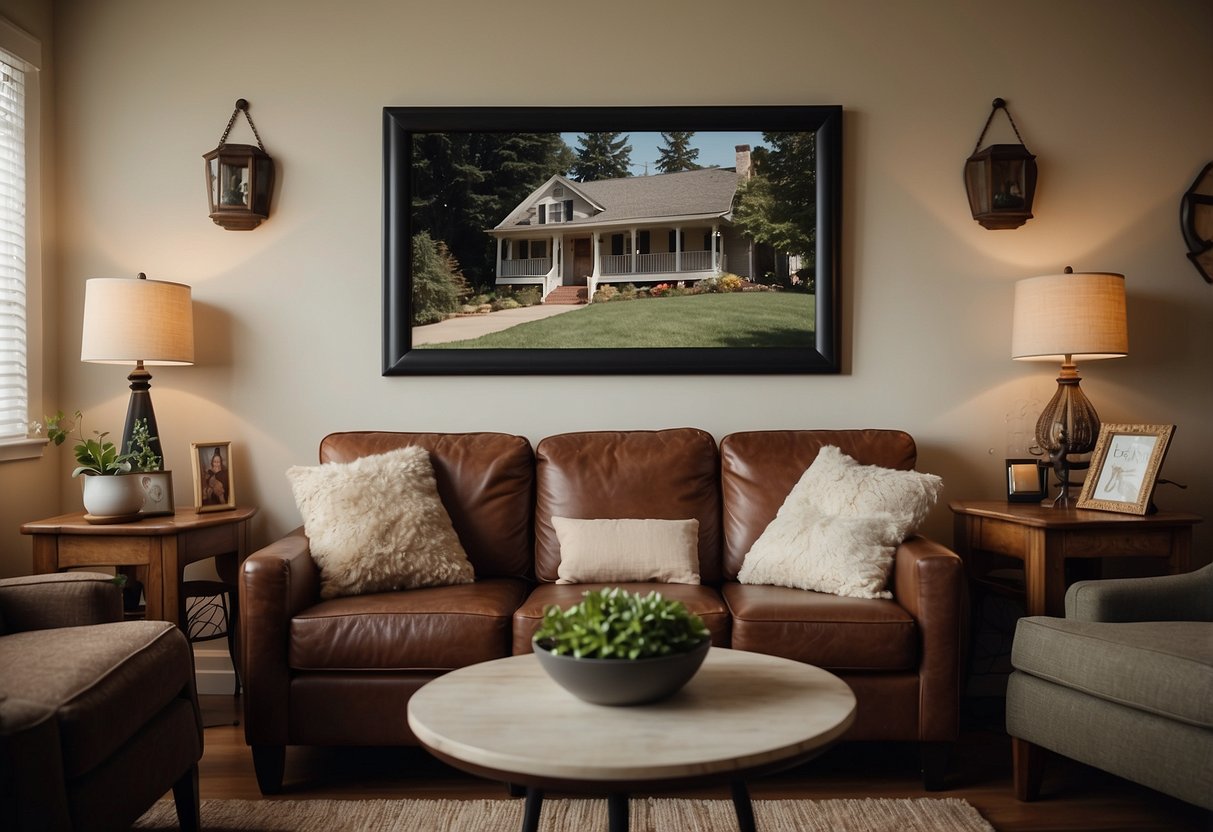 A cozy living room with framed photos of Benny and Angie's early years. Personal mementos and trinkets adorn the shelves, creating a warm and nostalgic atmosphere