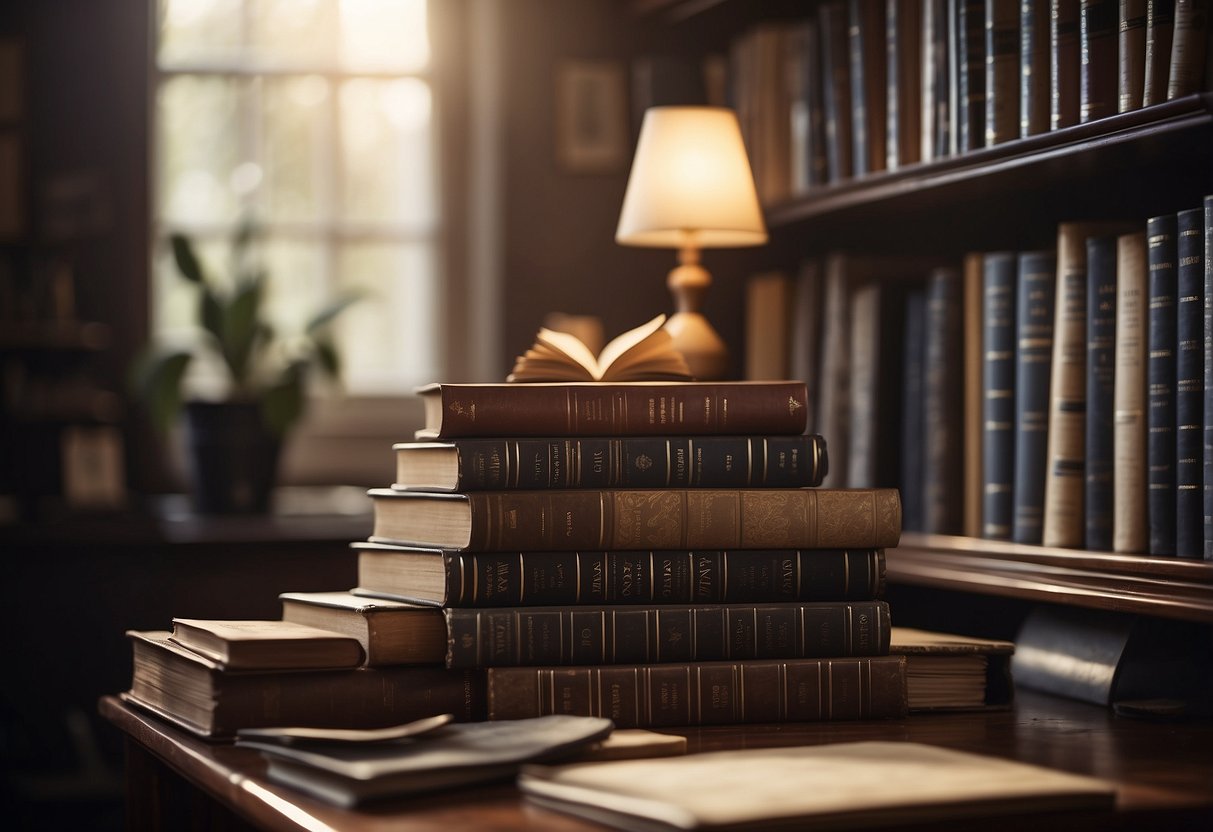 A bookshelf filled with biographies, a desk cluttered with papers, and a diploma hanging on the wall