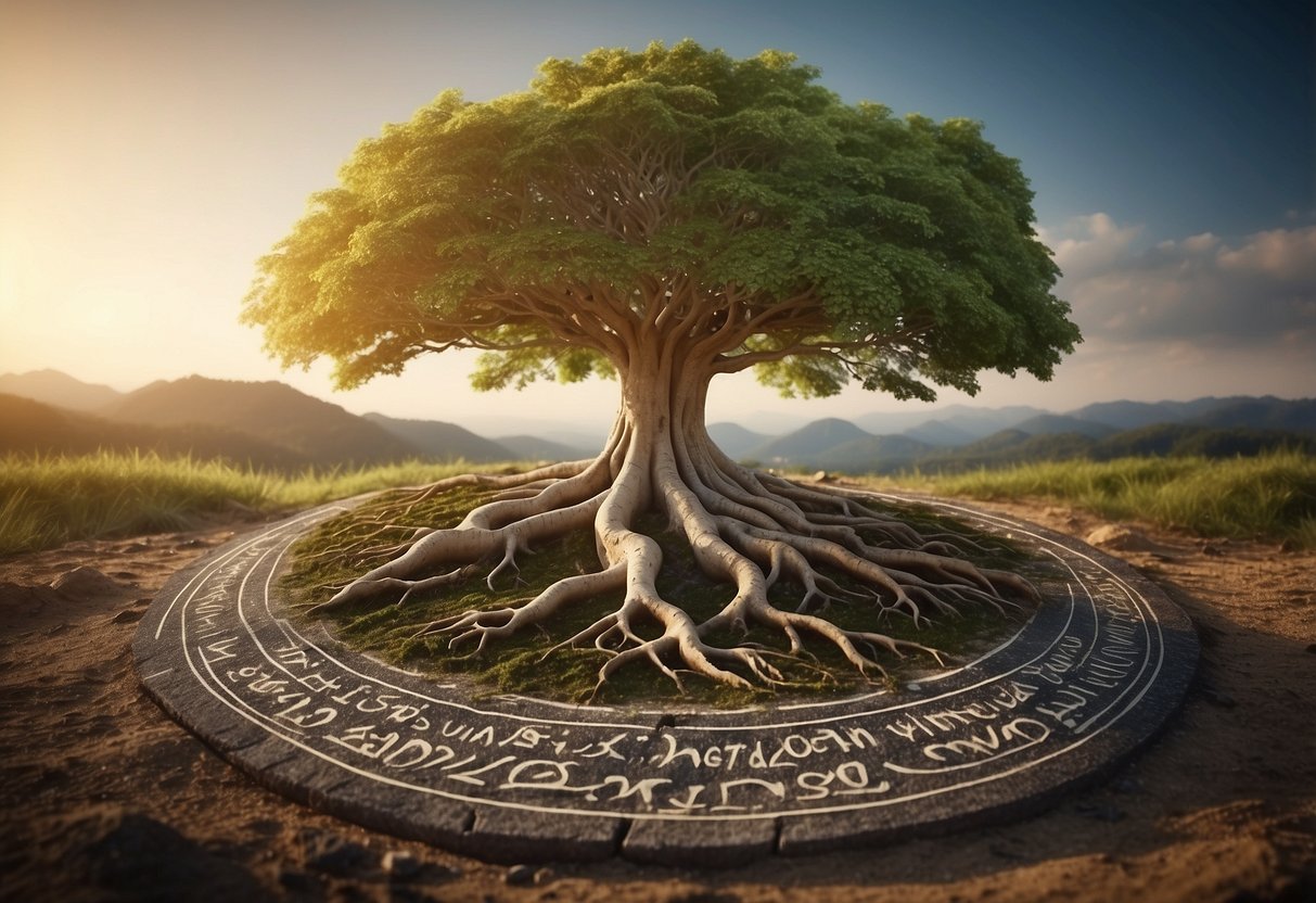 A tree with roots stretching into the earth, surrounded by symbols of cultural heritage and family history