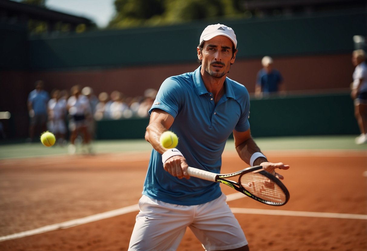 A famous Swiss tennis player serving on a clay court