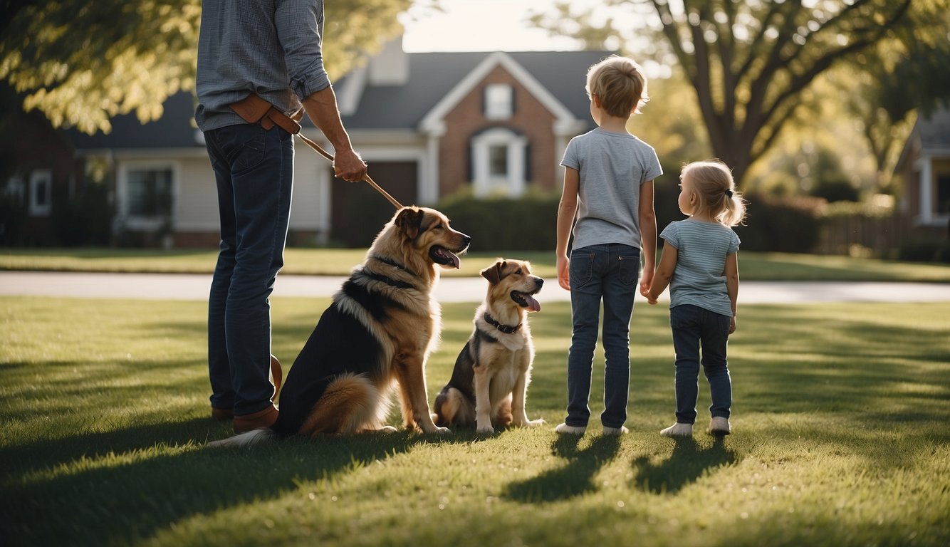 A family of four plays in the yard with their loyal guard dog, a large and alert breed, standing watch nearby