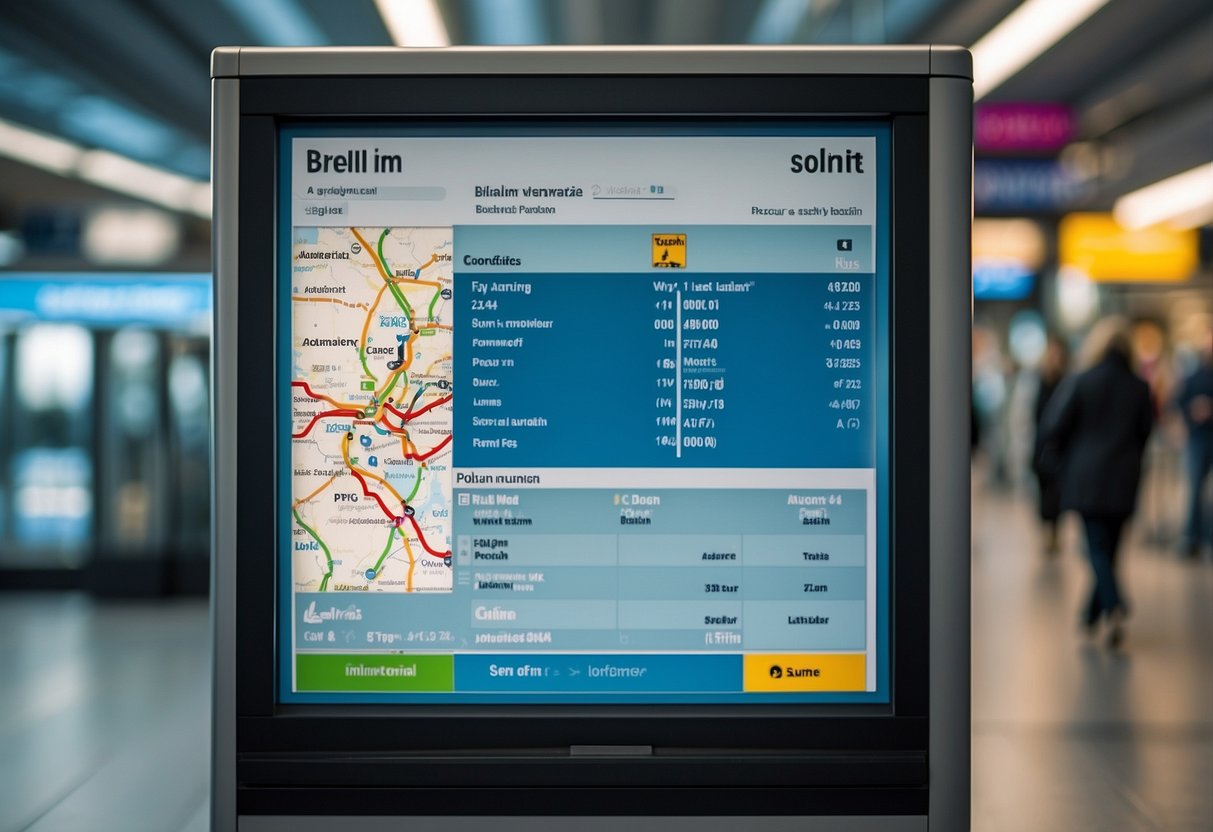 A train ticket kiosk with a digital display showing "Additional Services and Travel Information Berlin to Cologne" above a map of the train route