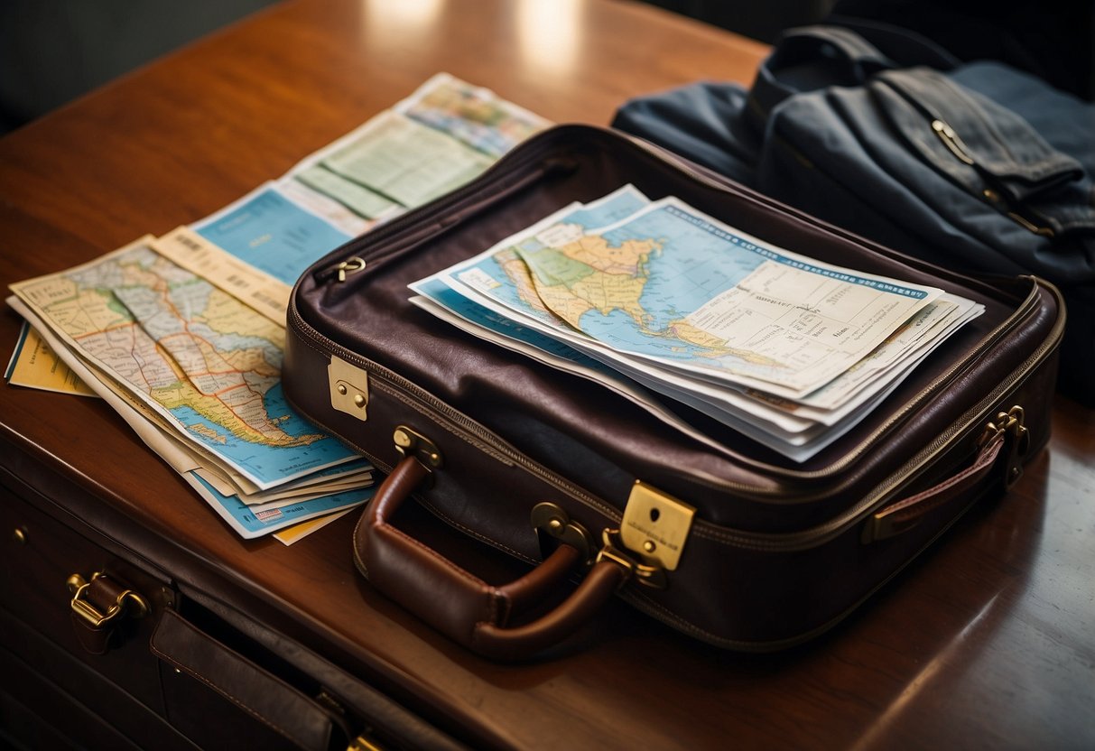 Passport, train tickets, and map laid out on a table. Suitcase half-packed with clothes. Clock showing departure time
