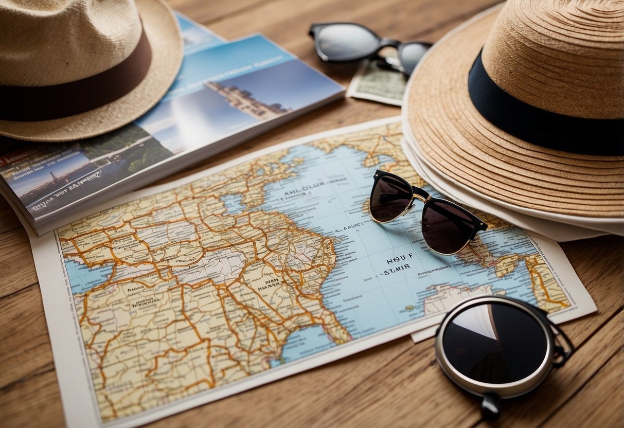 Passport, map, and suitcase on a table. Eiffel Tower and Colosseum postcards pinned to a corkboard. Sun hat and sunglasses on a chair