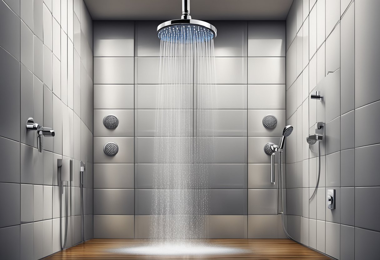 A luxurious shower head with multiple settings sprays water onto a sleek, modern tile wall