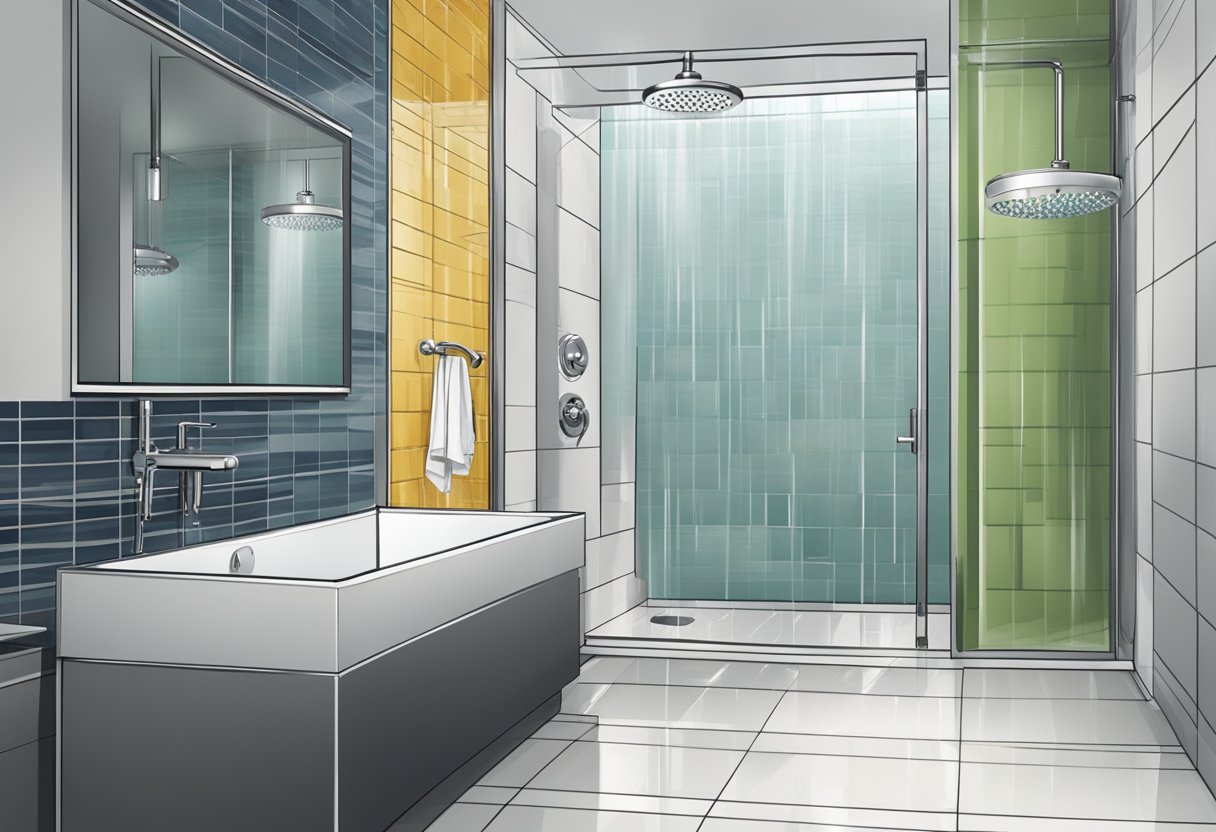 A modern bathroom with a sleek, chrome-finished shower head mounted on a tiled wall, surrounded by a glass enclosure and complemented by a rainfall feature