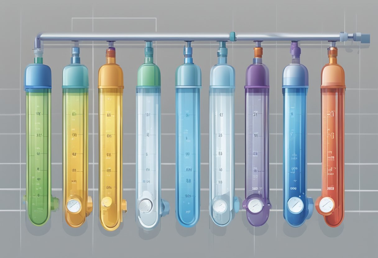 Water flows from various shower heads, each labeled with testing criteria. Instruments measure pressure and coverage