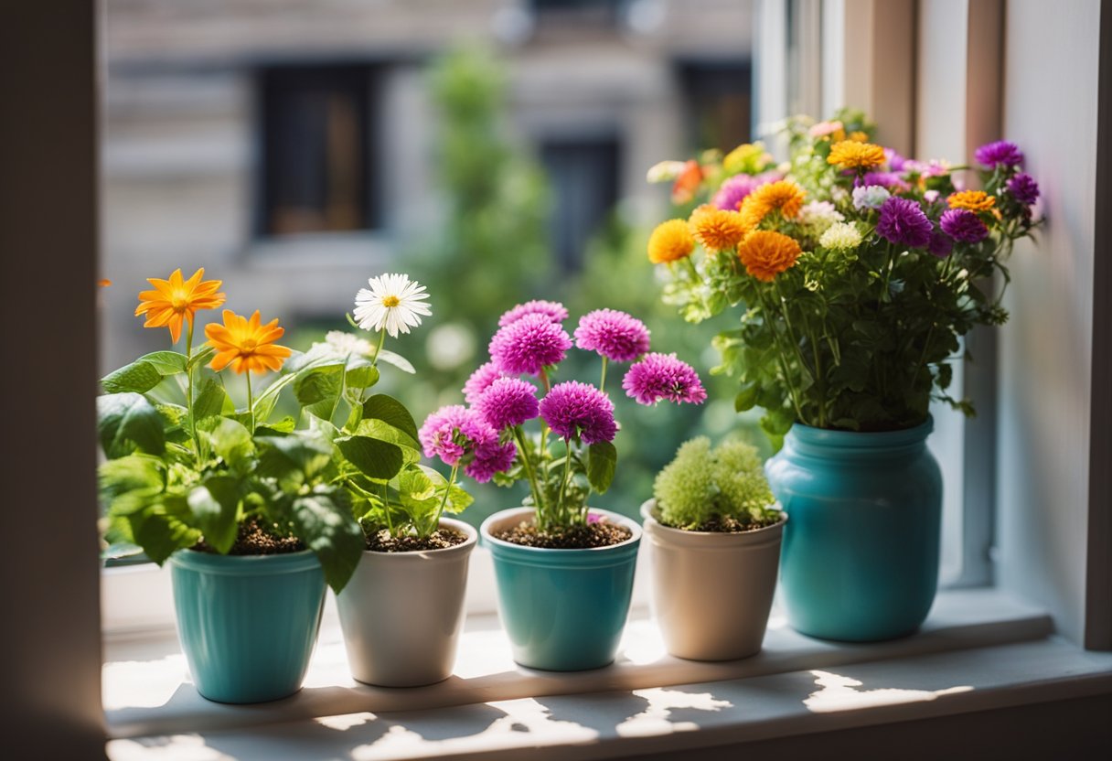 A cozy window sill filled with vibrant, compact flowers in various pots, creating a lush and colorful display within a small space
