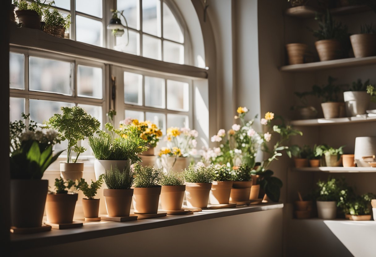 A cozy room with sunlight streaming in through a small window, showcasing a variety of potted indoor flowers arranged neatly on shelves and tables, maximizing beauty in minimal space