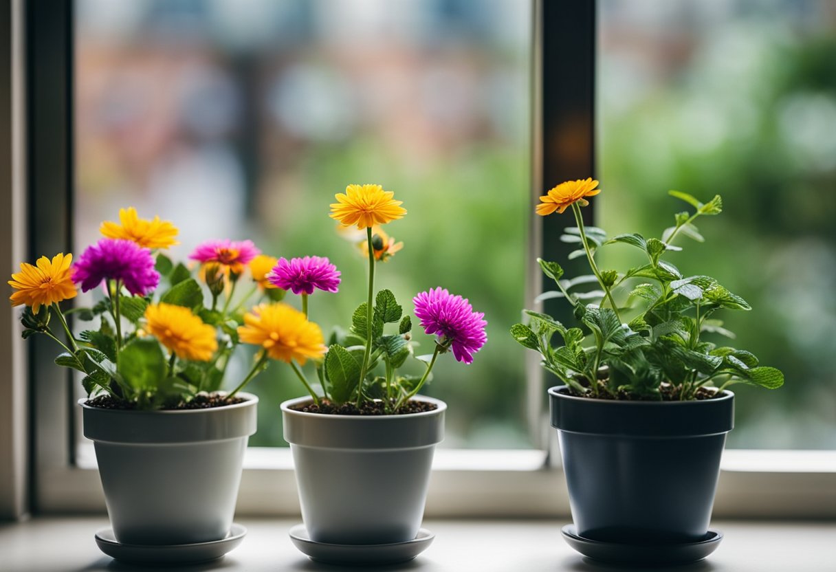 Vibrant flowers bloom in small pots on a windowsill, filling the space with color and beauty. The compact plants maximize the limited indoor space, creating a lush and inviting atmosphere
