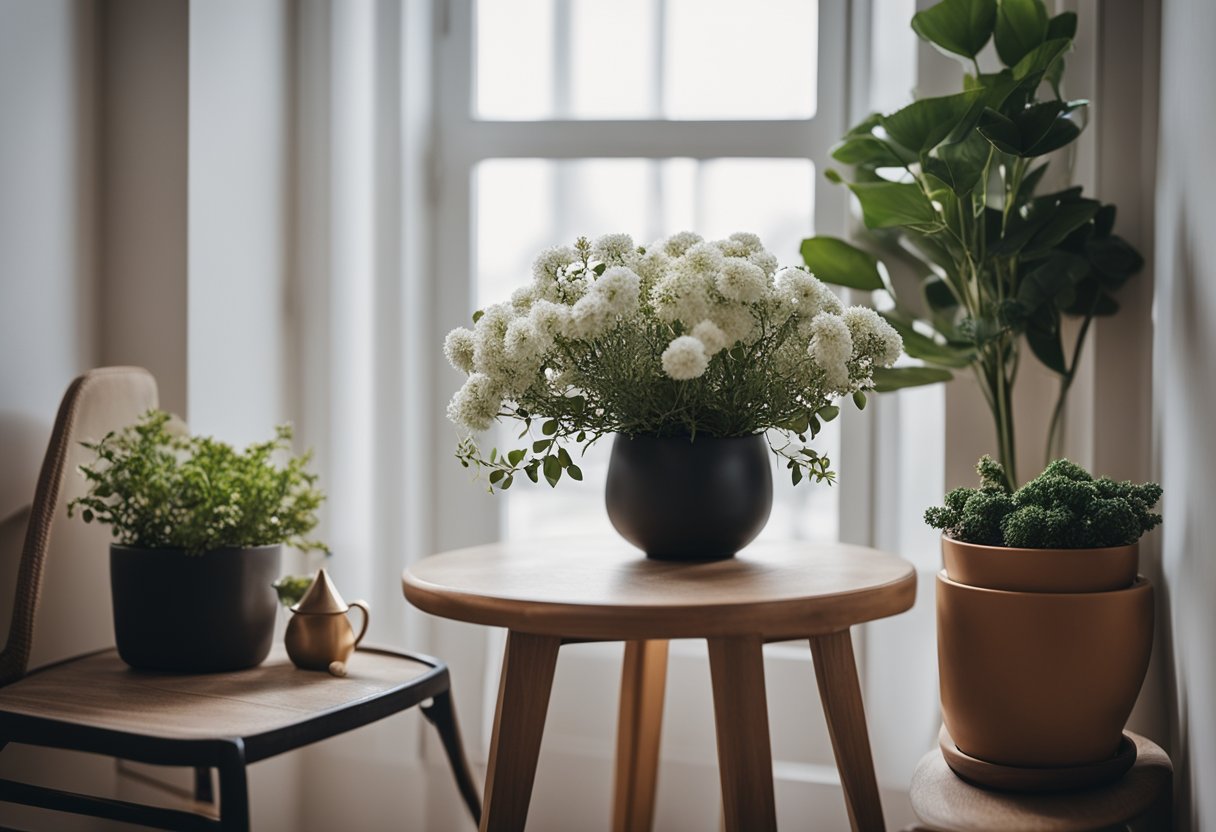 A cozy corner with a small table and a variety of potted indoor flowers, arranged to maximize beauty in minimal space