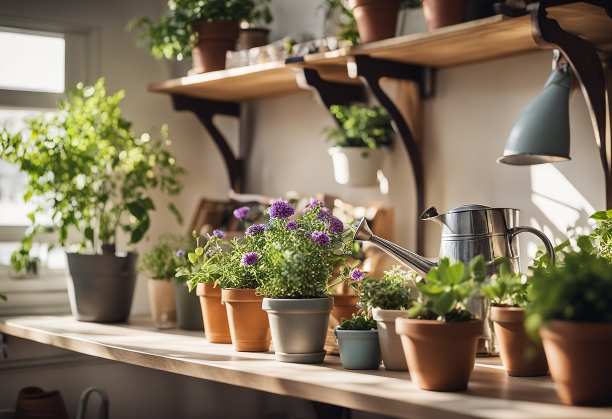 Bright, cozy room with sunlight streaming in. Potted flowers on shelves and tables, neatly arranged. Watering can and pruning shears nearby