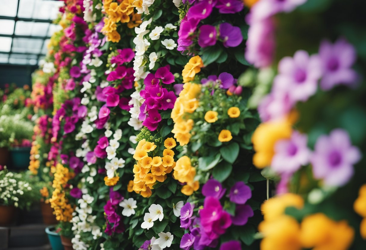 Colorful flowers cascade down from hanging planters, filling the vertical space. Compact pots line shelves, showcasing a variety of blooming plants