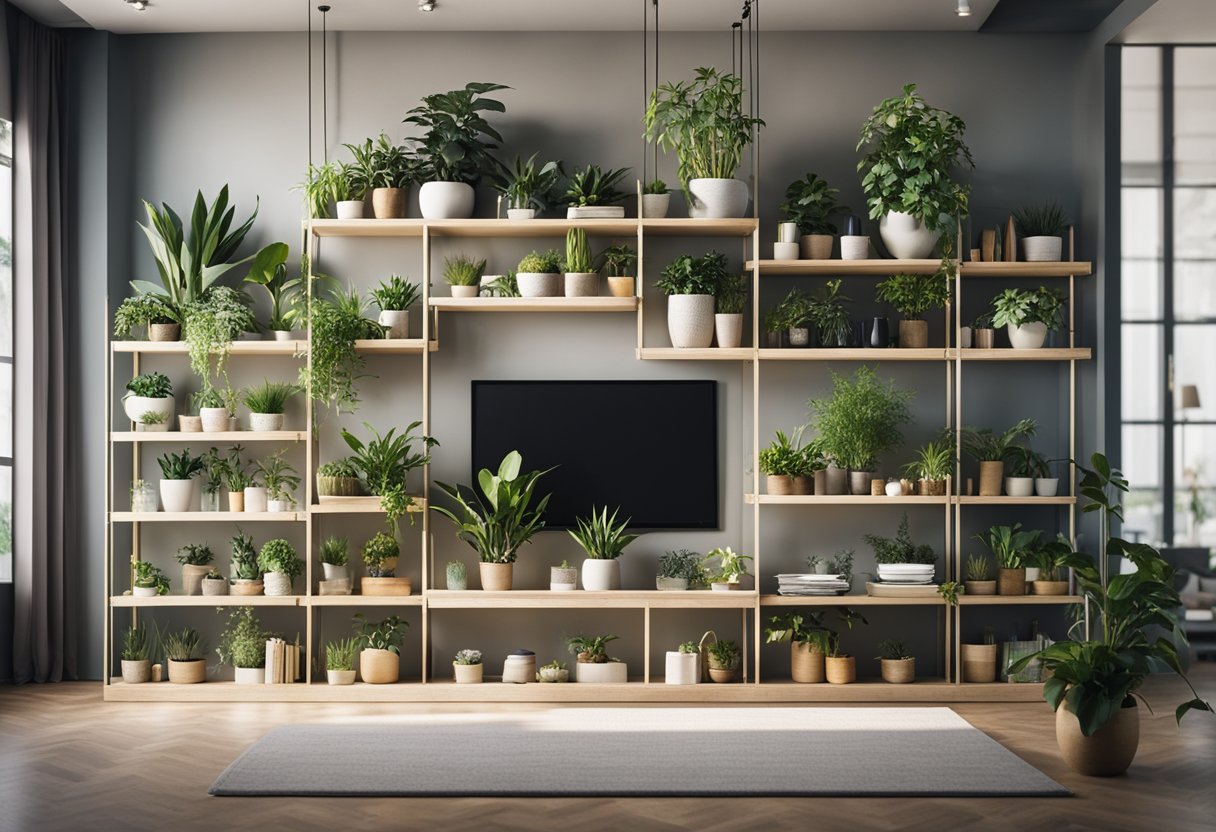 A modern living room with a variety of indoor plants placed strategically on shelves, hanging from the ceiling, and grouped together on the floor