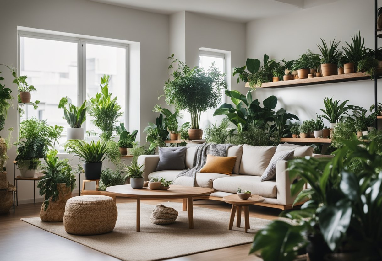 A cozy living room with a variety of indoor plants placed strategically on shelves, tables, and hanging planters. The plants add a touch of greenery and life to the modern home decor