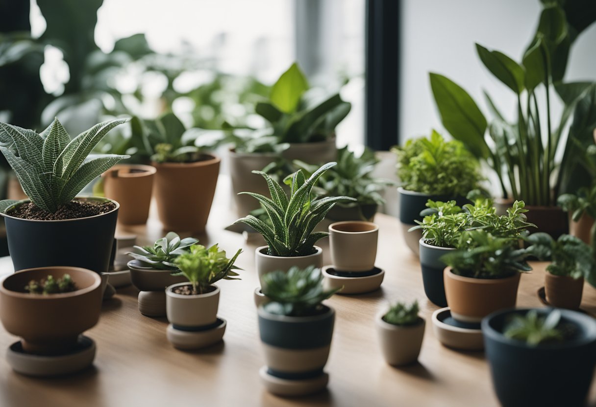 A person arranging a variety of indoor plants in different pots, considering size, color, and texture, to create a stylish and trendy space