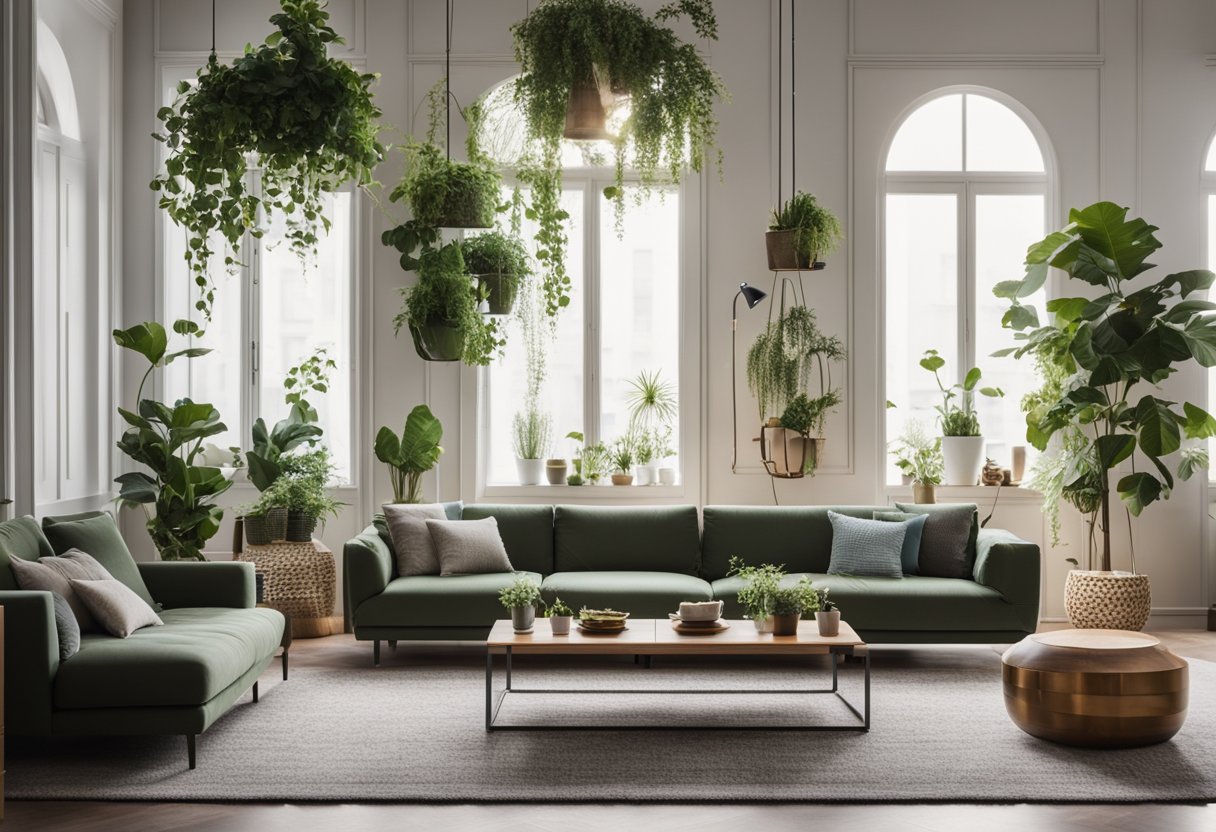 A modern living room with sleek furniture and geometric patterns, adorned with potted plants and hanging vines