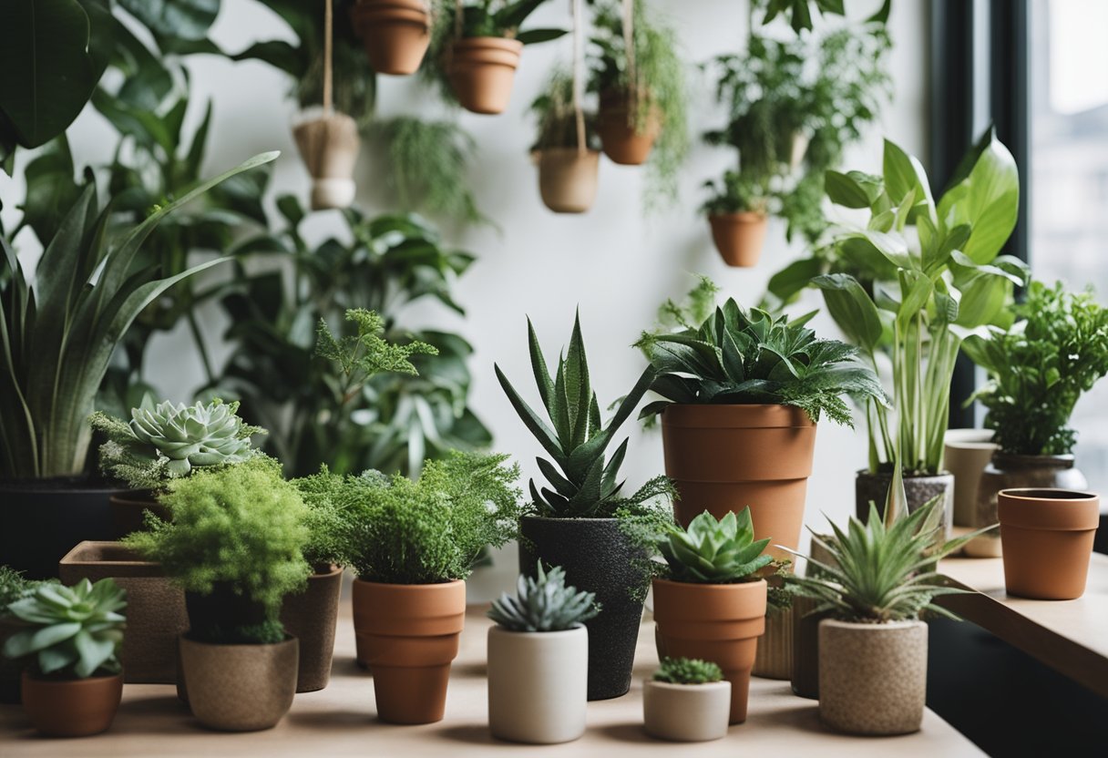 A variety of indoor plants arranged in stylish and creative displays, such as hanging planters, terrariums, and wall-mounted planters