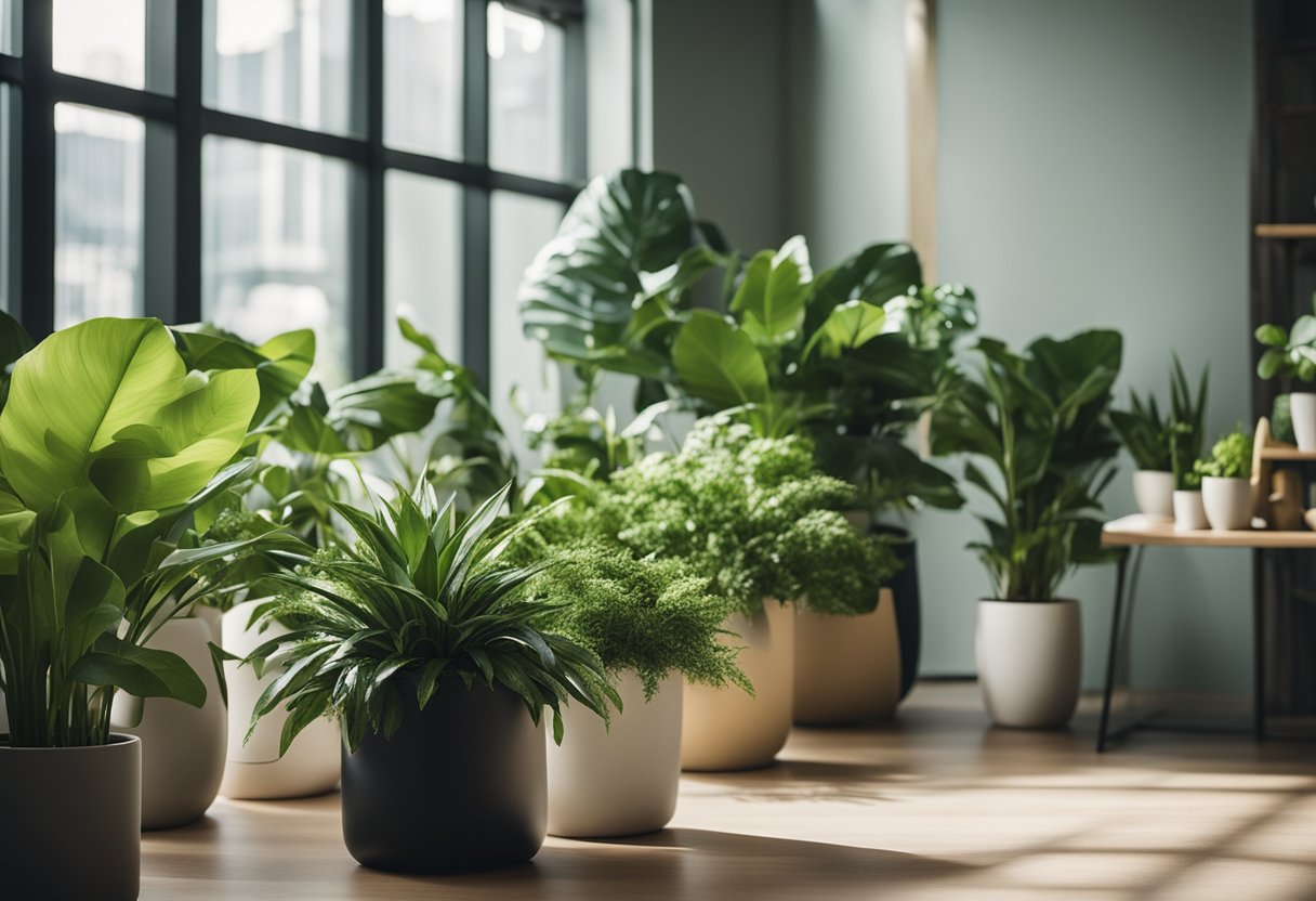 Lush green plants thrive in a well-lit, airy room with modern decor and stylish planters. A variety of indoor plants add color and life to the space