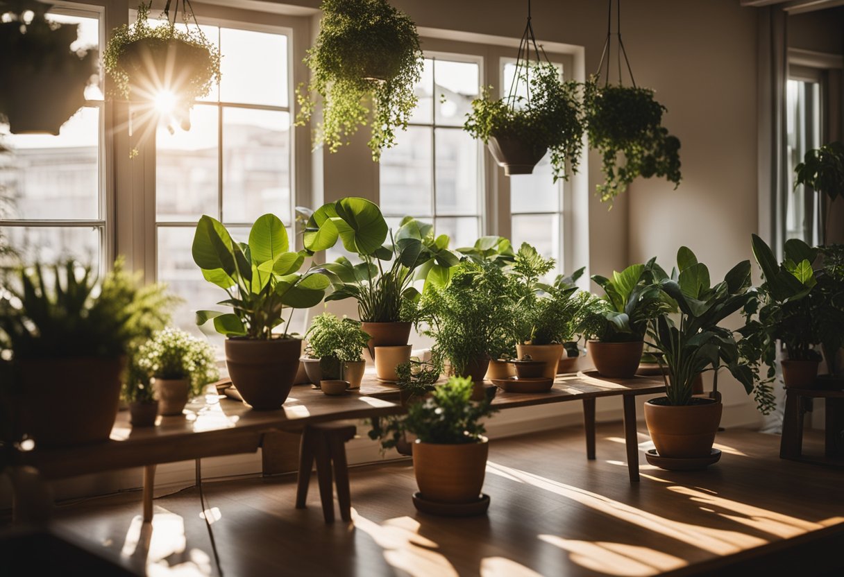 A cozy living room with a variety of potted plants arranged on shelves and tables. Sunlight streams in through the window, casting a warm glow on the greenery