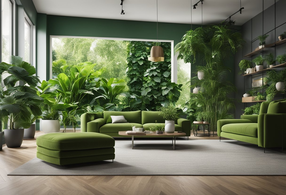 Lush green plants fill a modern living room, adding color and texture. A variety of sizes and shapes create a stylish and trendy atmosphere