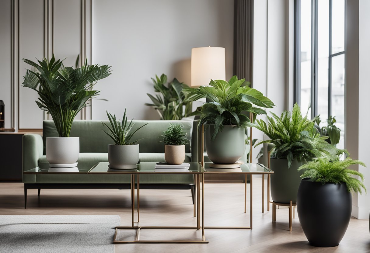 A modern living room with sleek plant stands, stylish pots, and lush greenery arranged in a minimalist yet chic manner