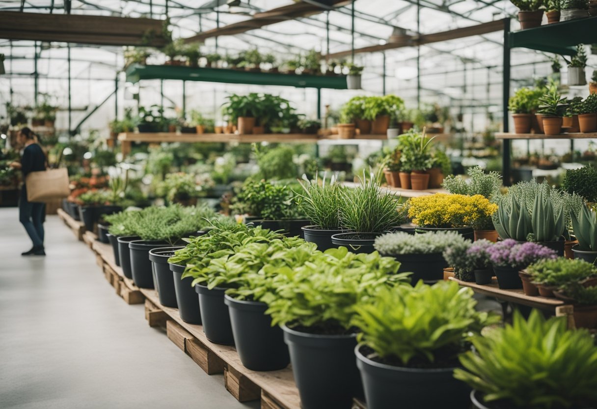 A bustling plant nursery with colorful pots and lush greenery, customers browsing and selecting indoor plants, a trendy interior design with plants as focal points