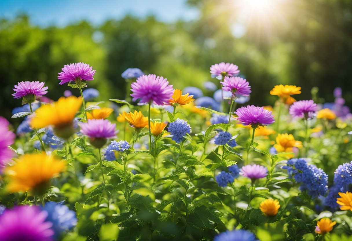 Vibrant flowers bask in the sun, surrounded by lush green foliage. The bright colors pop against the blue sky, radiating energy and vitality