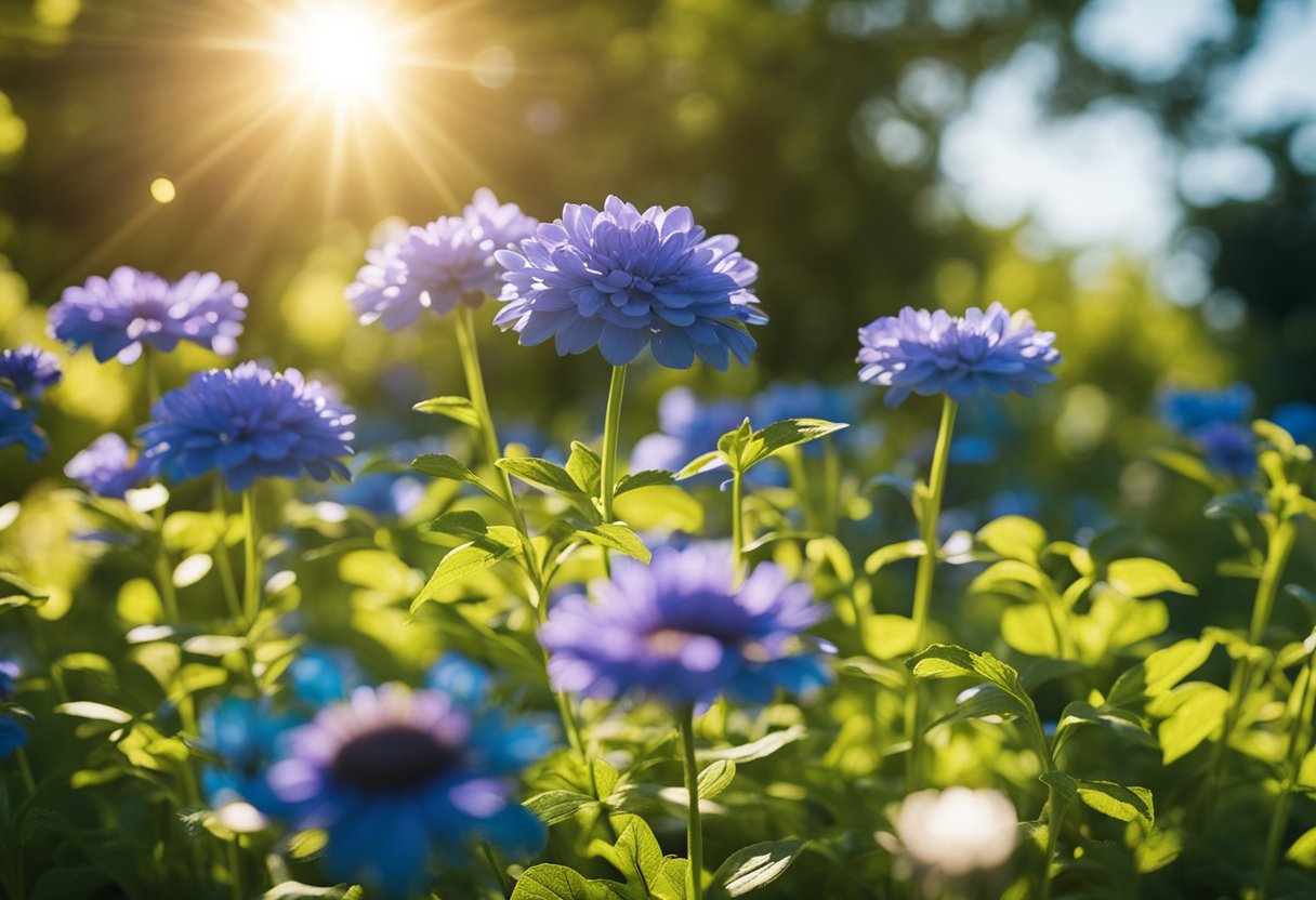 Vibrant flowers basking in direct sunlight, surrounded by lush green foliage. Bright blue sky and golden rays of sun illuminating the garden