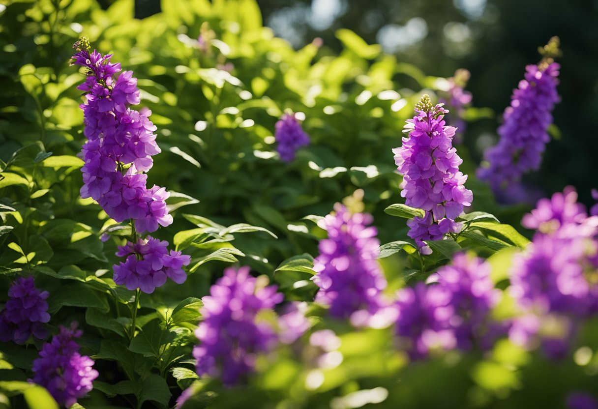 Lush green foliage surrounds a cluster of vibrant, shade-loving flowers. The dappled sunlight filters through the leaves, casting a soft, serene glow over the garden bed